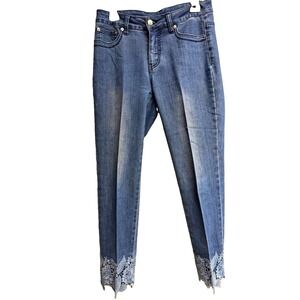 Slim-Sation Womens 4 Blue Jeans Floral Lace Hem Ankle Crop Stretch Denim